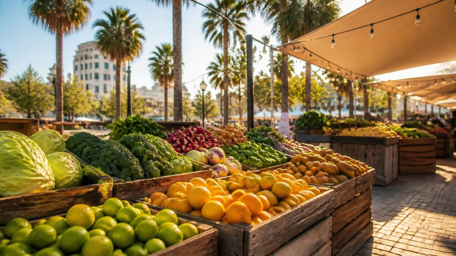 Sunny South Texas outdoor market scene with wooden produce crates of fresh vegetables and citrus, palm trees, warm morning light, and an inviting community market atmosphere
