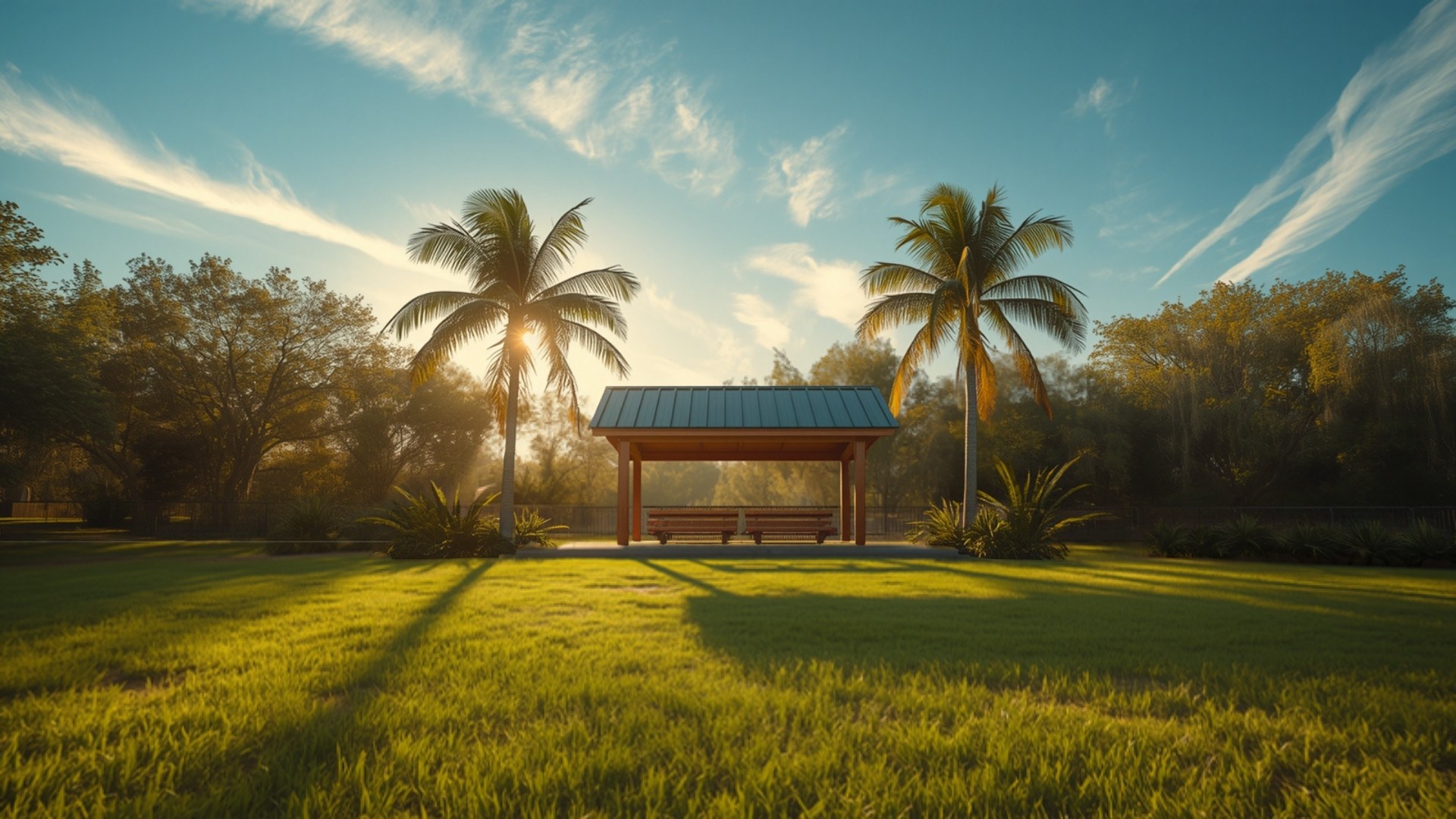 Sunny South Texas pocket park with a wooden pavilion, benches, palm trees, and green lawn under warm golden light