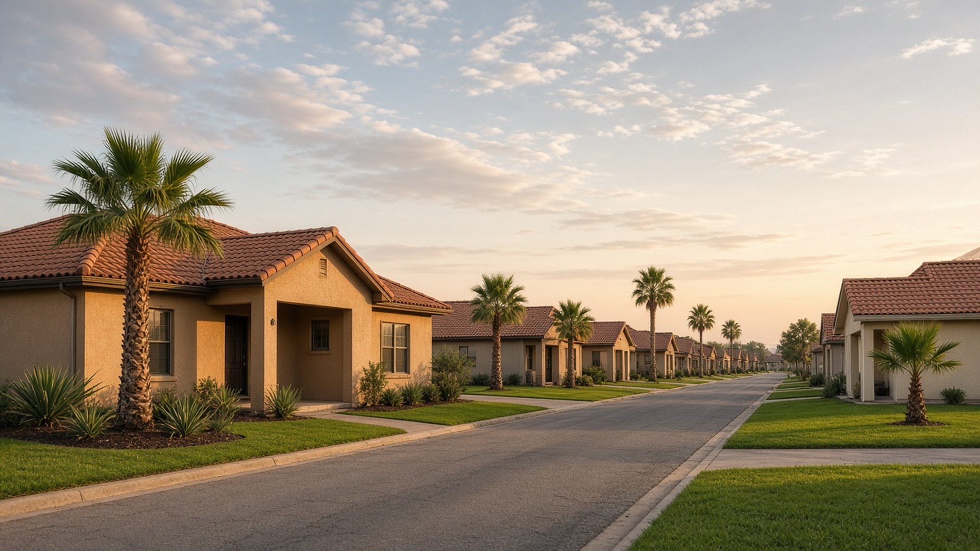 Quiet South Texas suburban street with tan stucco homes, red tile roofs, palm trees, and green lawns under warm late-afternoon light