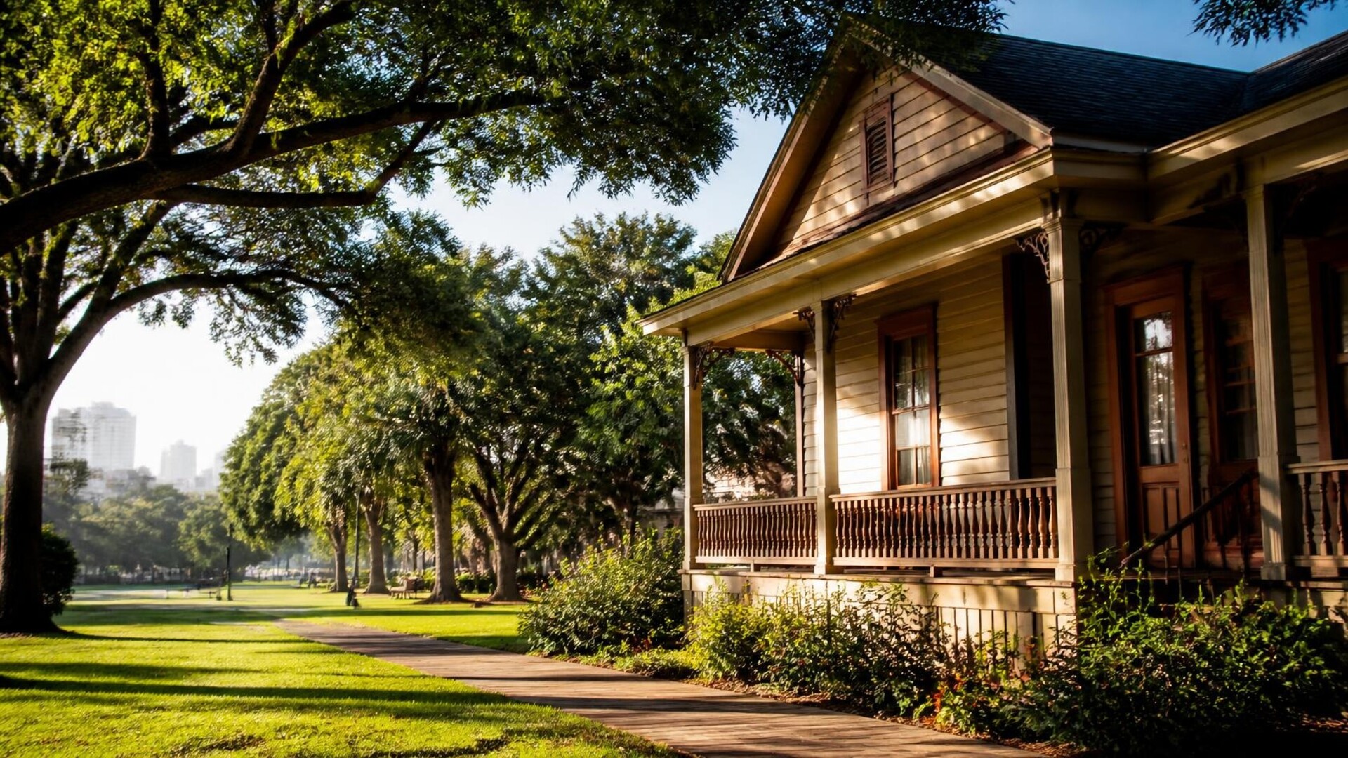 Sunny South Texas historic wooden house with warm wood siding and porch set on a green park lawn under golden morning light, suggesting Linear Park heritage ambiance