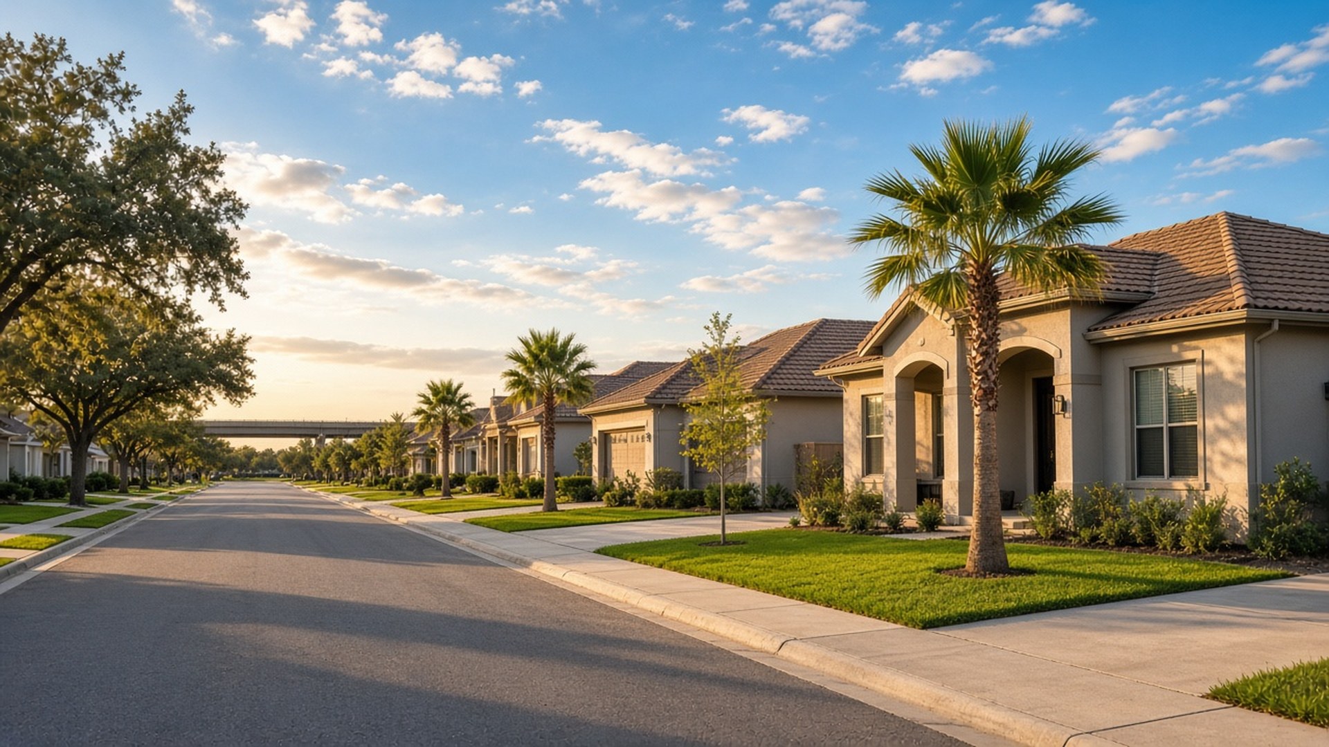 Sunny South Texas suburban street with tan stucco homes, tile roofs, palm trees, and a distant highway overpass under warm late-afternoon light
