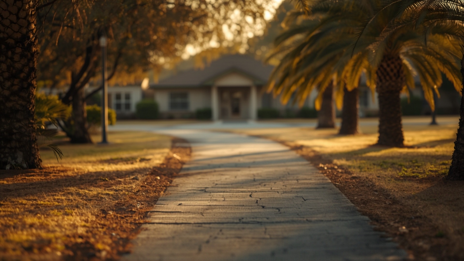 Warm late-afternoon South Texas park path with palms and mesquite leading toward a soft school or pavilion silhouette