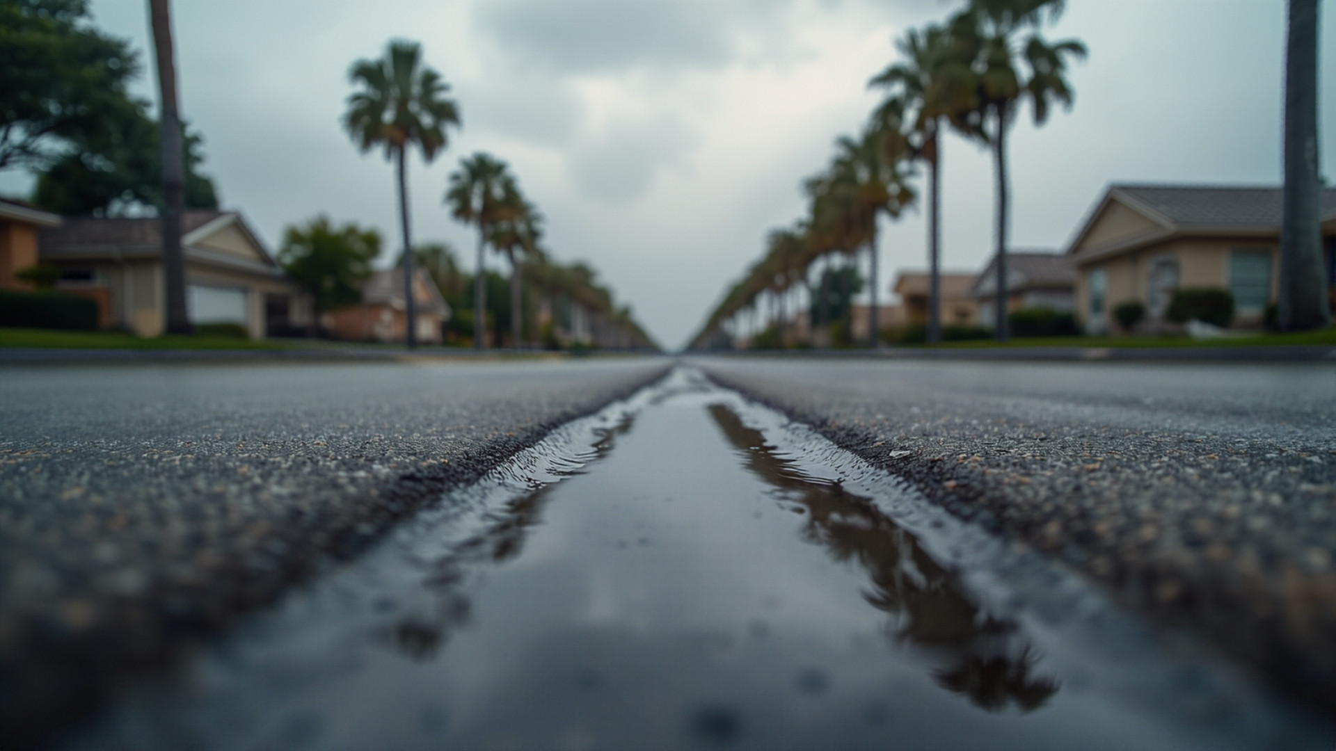 Quiet South Texas residential street after rain with wet asphalt, shallow standing water, and palm-lined homes under overcast sky