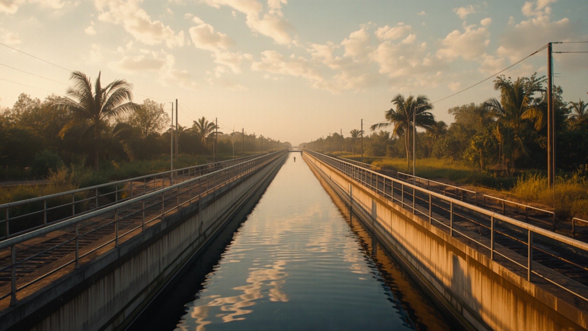 Quiet South Texas water canal with concrete channels, metal railings, palm trees, and warm late-afternoon golden light reflecting on still water