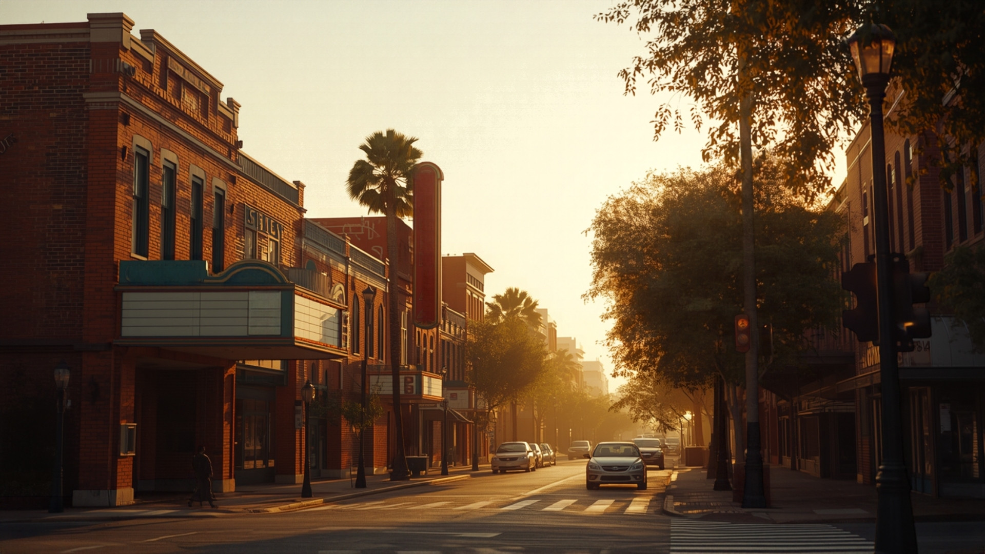 Late-afternoon South Texas downtown streetscape with historic brick façades, a blank theater marquee, palms, and warm golden light